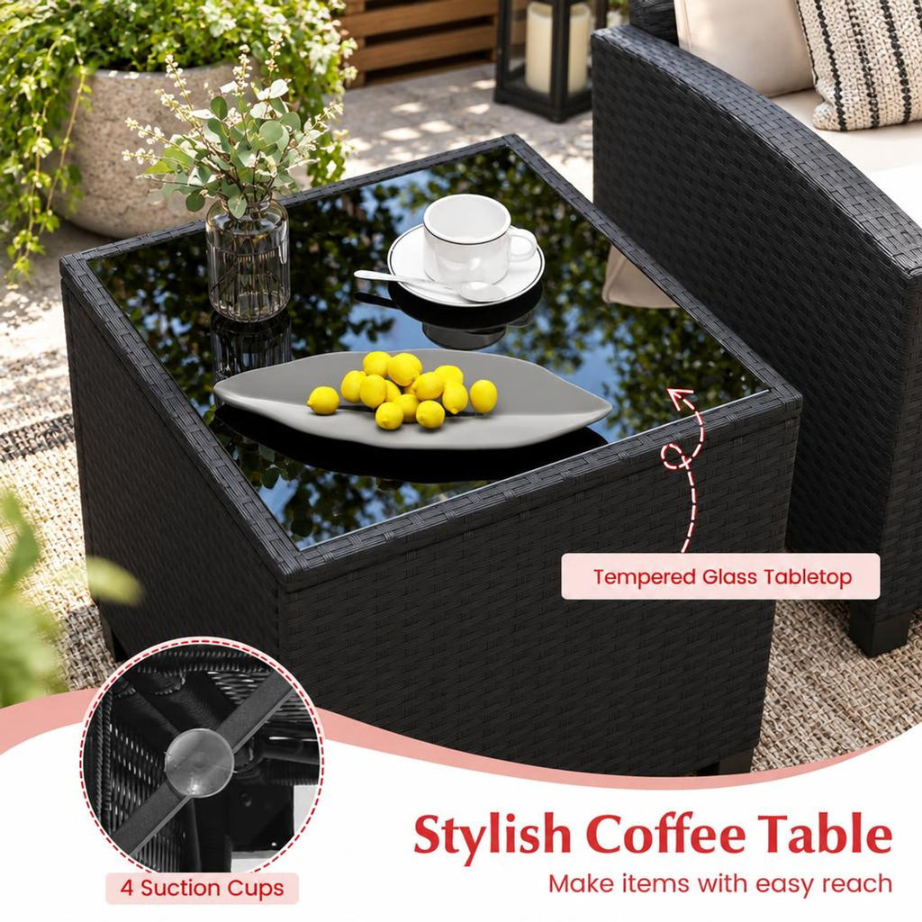 Airfind 3 Pieces Patio Furniture Set with Tempered Glass Coffee Table, 400 lbs Capacity, PE Rattan Metal Tempered Glass Polyester Sponge Frame