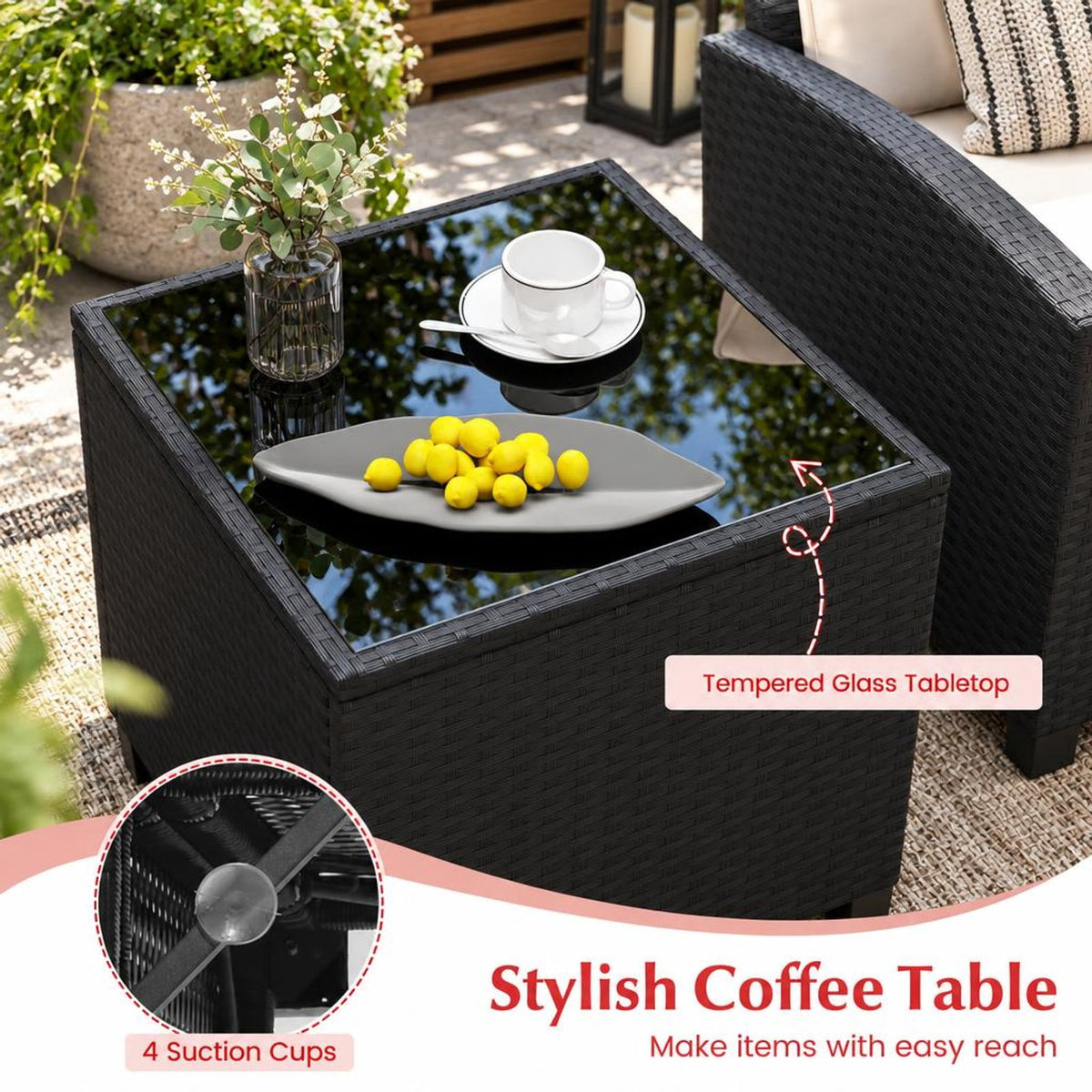 Airfind 3 Pieces Patio Furniture Set with Tempered Glass Coffee Table, 400 lbs Capacity, PE Rattan Metal Tempered Glass Polyester Sponge Frame