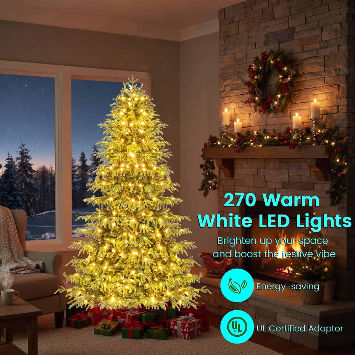Airfind Artificial Christmas Tree with LED Lights and PVC Mixed Branch Tips-6, TPE PVC Metal Tree Height 6/7/8 ft Tree Width 3.9/4.3/4.7 ft Frame