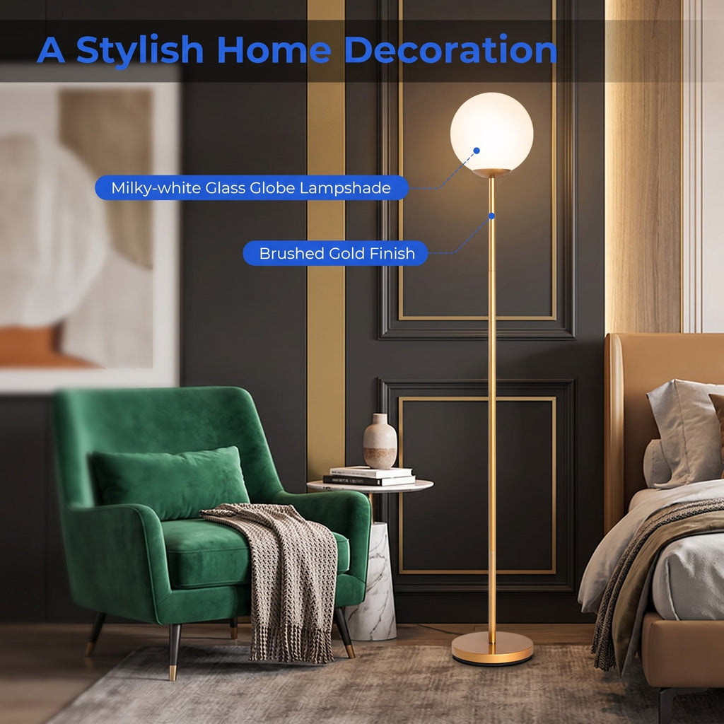 Airfind Glass Globe LED Floor Lamp with Glass Lampshade, A3 steel Frame, 8in x 10in x 65in (L x W x H) Lampshade Footprint, Golden