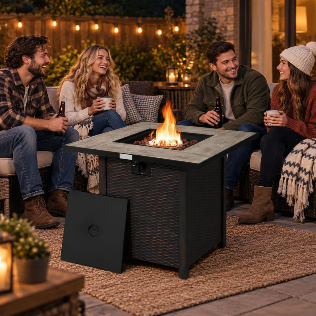 Airfind 30 Inch Square Propane Gas Fire Pit Table Ceramic Tabletop, Steel Frame, Black, Adjustable foot pads ensure extra stability