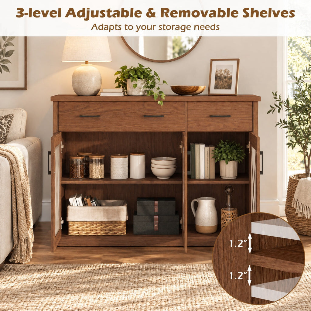 Airfind Farmhouse Buffet Sideboard 3-Door Kitchen Storage Cabinet featuring 2 Drawers, Top 132 lbs Total Capacity, Engineered Wood PC Frame, Brown