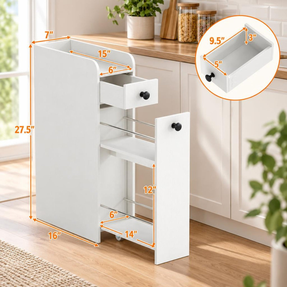 Airfind Small Bathroom Storage Cabinet 4-Tier with Slide Out Drawers on Casters, 66 lbs Capacity, MDF Frame, 16 Inch x 7 Inch x 27.5 Inch Drawer Footprint