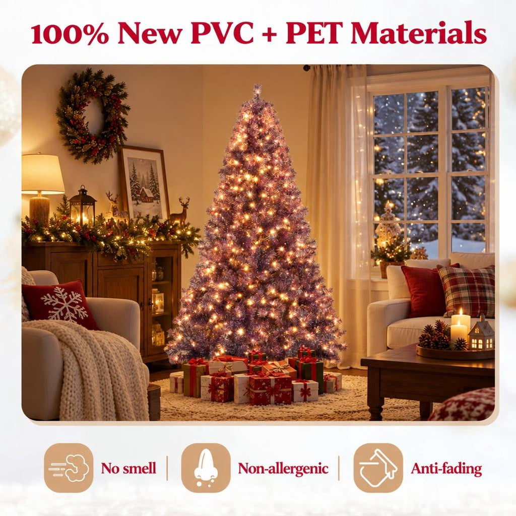 Airfind 7.5 FT Pre-Lit Purple Tinsel Christmas Tree with Warm White LED Lights, PVC and PET Artificial Fir Tree with Metal Stand, Purple