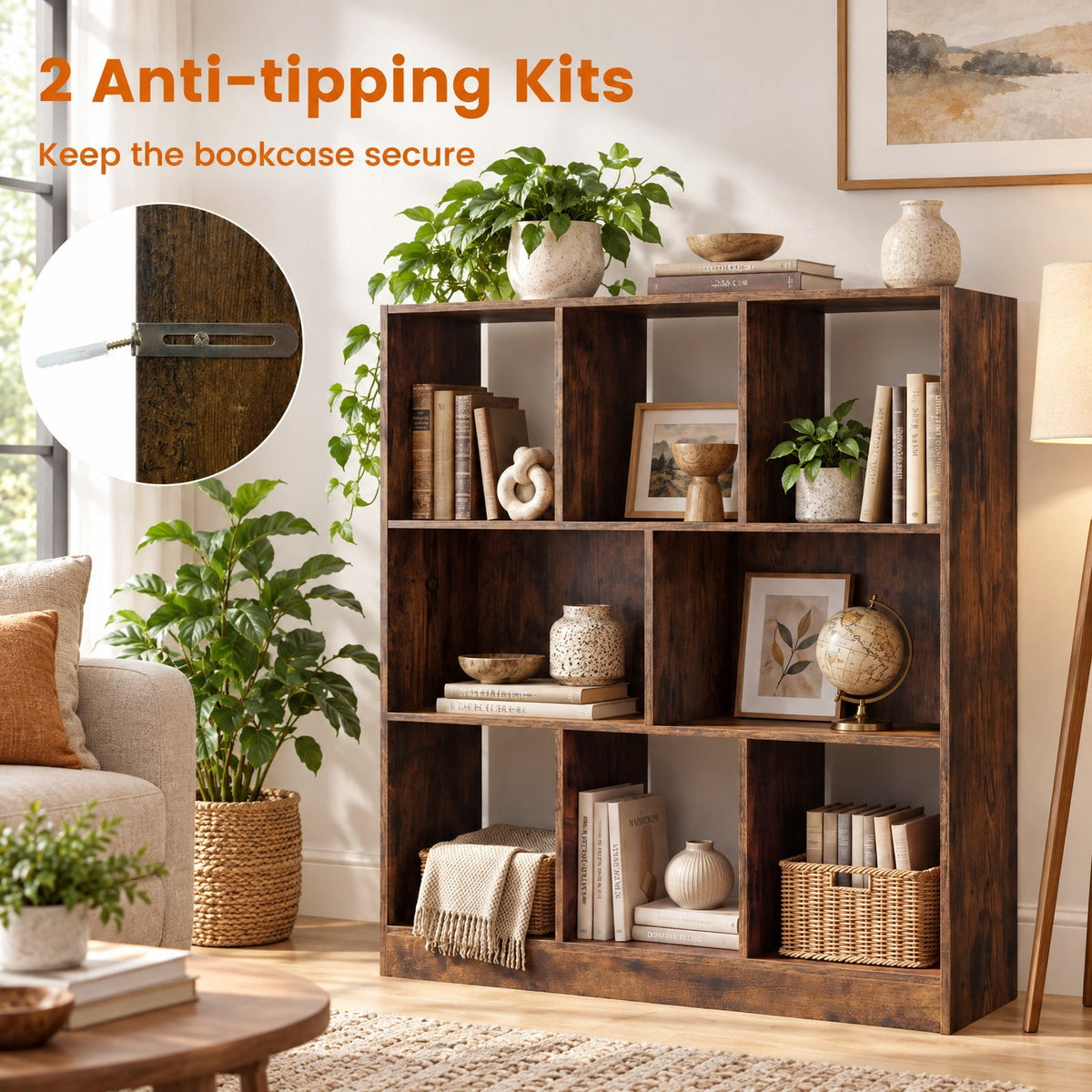 Airfind 8-Cube Bookcase 3-Tier with 2-Sized Compartments and Anti-Tip Kits for Living Room, 88 lbs Capacity, 35.5 x 11 x 39.5 Footprint, Brown