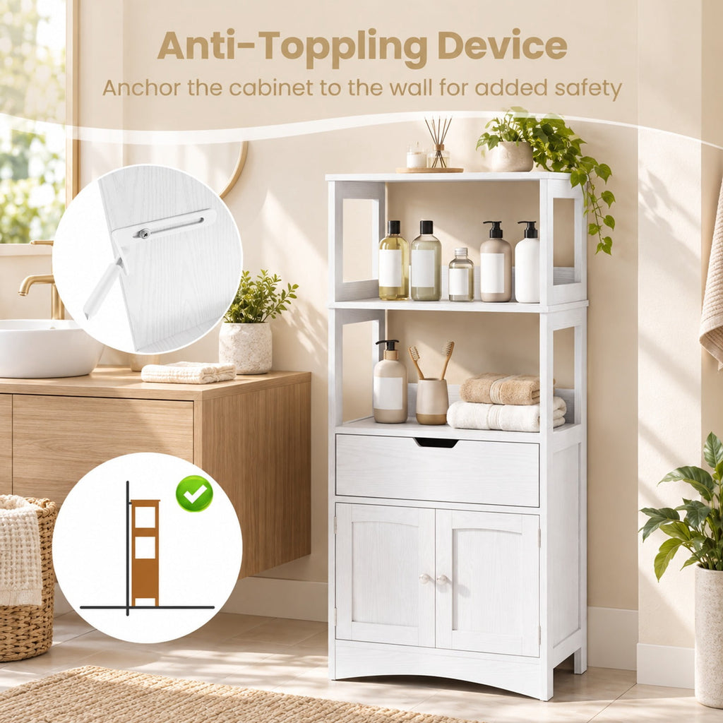 Airfind Bathroom Storage Cabinet with Open Shelves and Drawer, 110 lbs Capacity, Engineered Wood Frame, 24in x 13in x 48in Footprint, White