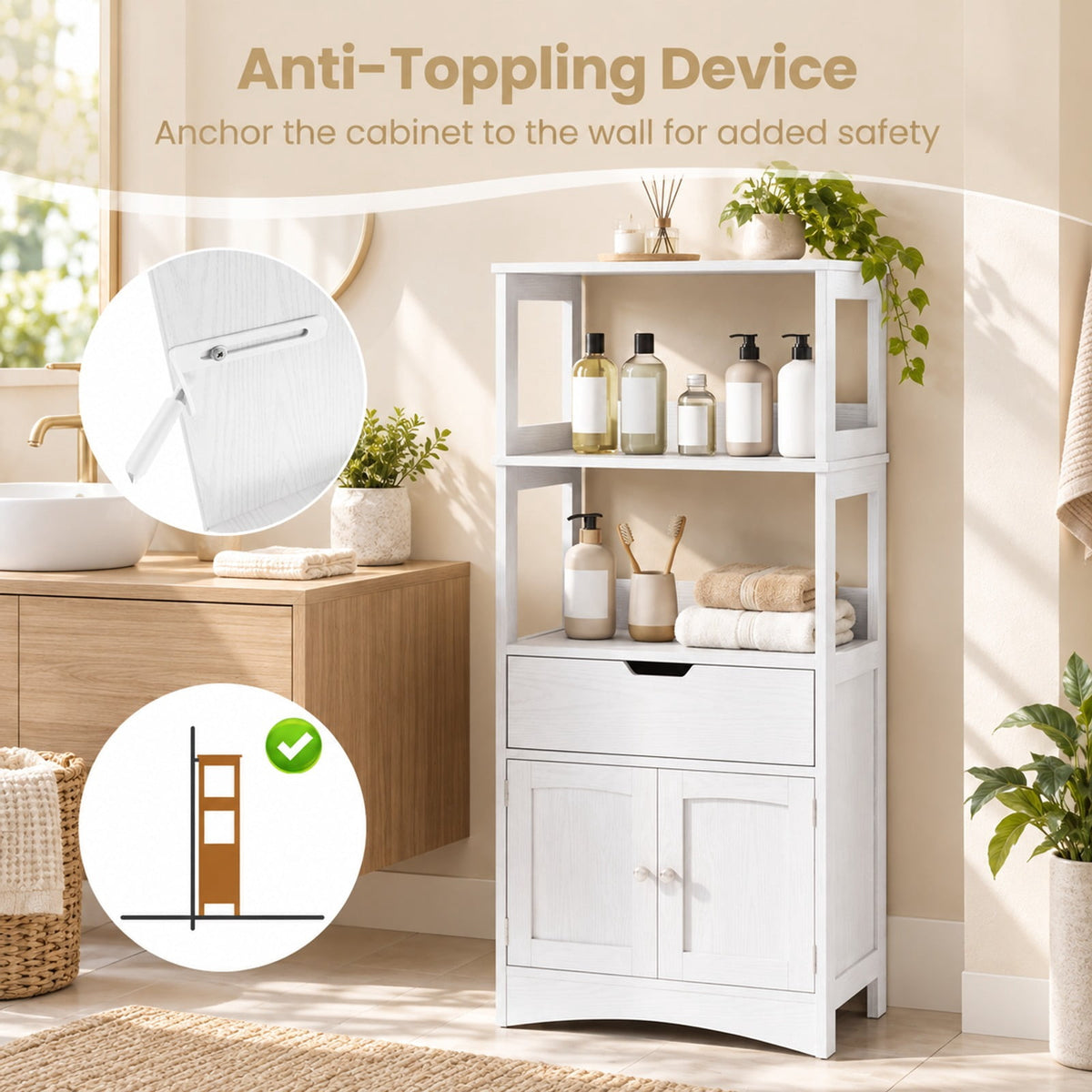 Airfind Bathroom Storage Cabinet with Open Shelves and Drawer, 110 lbs Capacity, Engineered Wood Frame, 24in x 13in x 48in Footprint, White