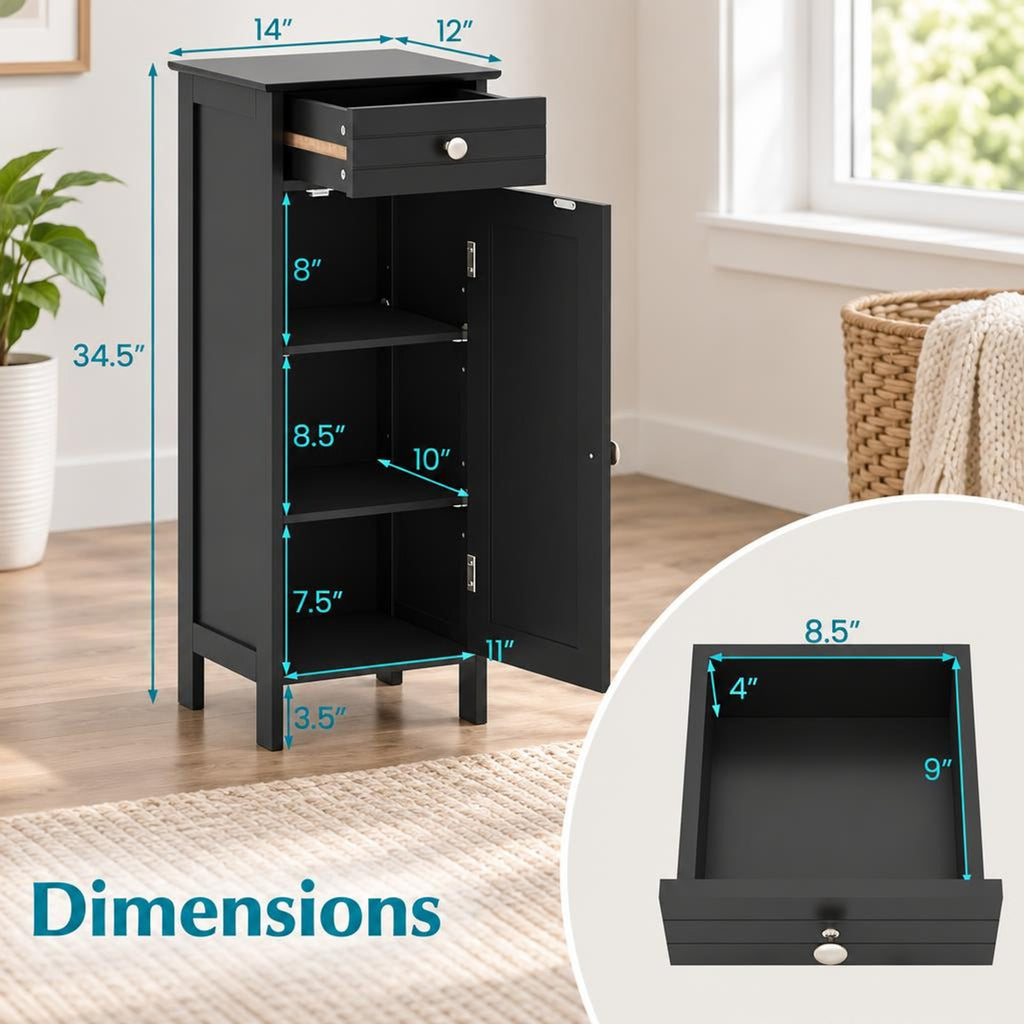 Airfind Wooden Storage Free-Standing Floor Cabinet with Drawer and Shelf, 132 lbs Capacity, MDF Frame, 14in x 12in x 34.5in Footprint, Black