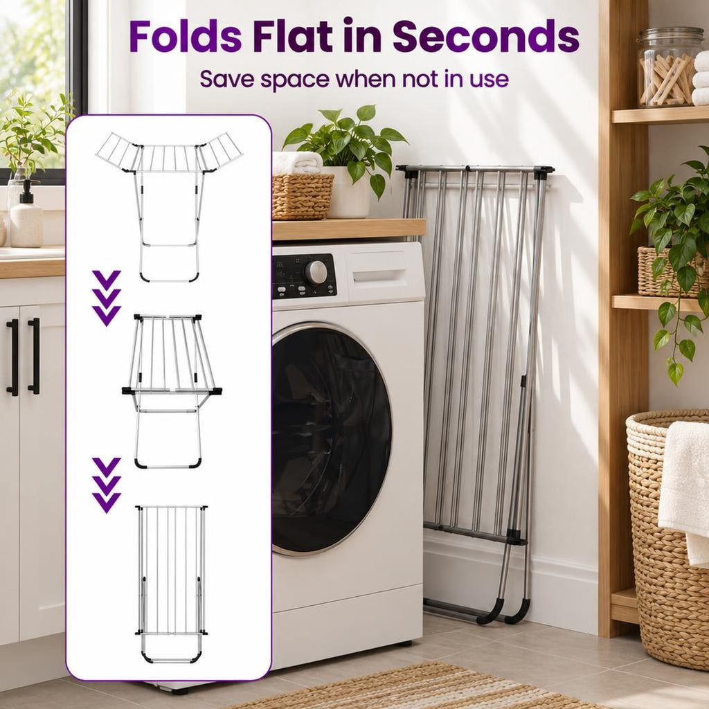 Airfind Folding Aluminum Clothes Drying Rack with 2 Side Wings, 26.5 lbs Capacity, Aluminum Plastic Frame, 41 x 37 x 41 Footprint, Silver