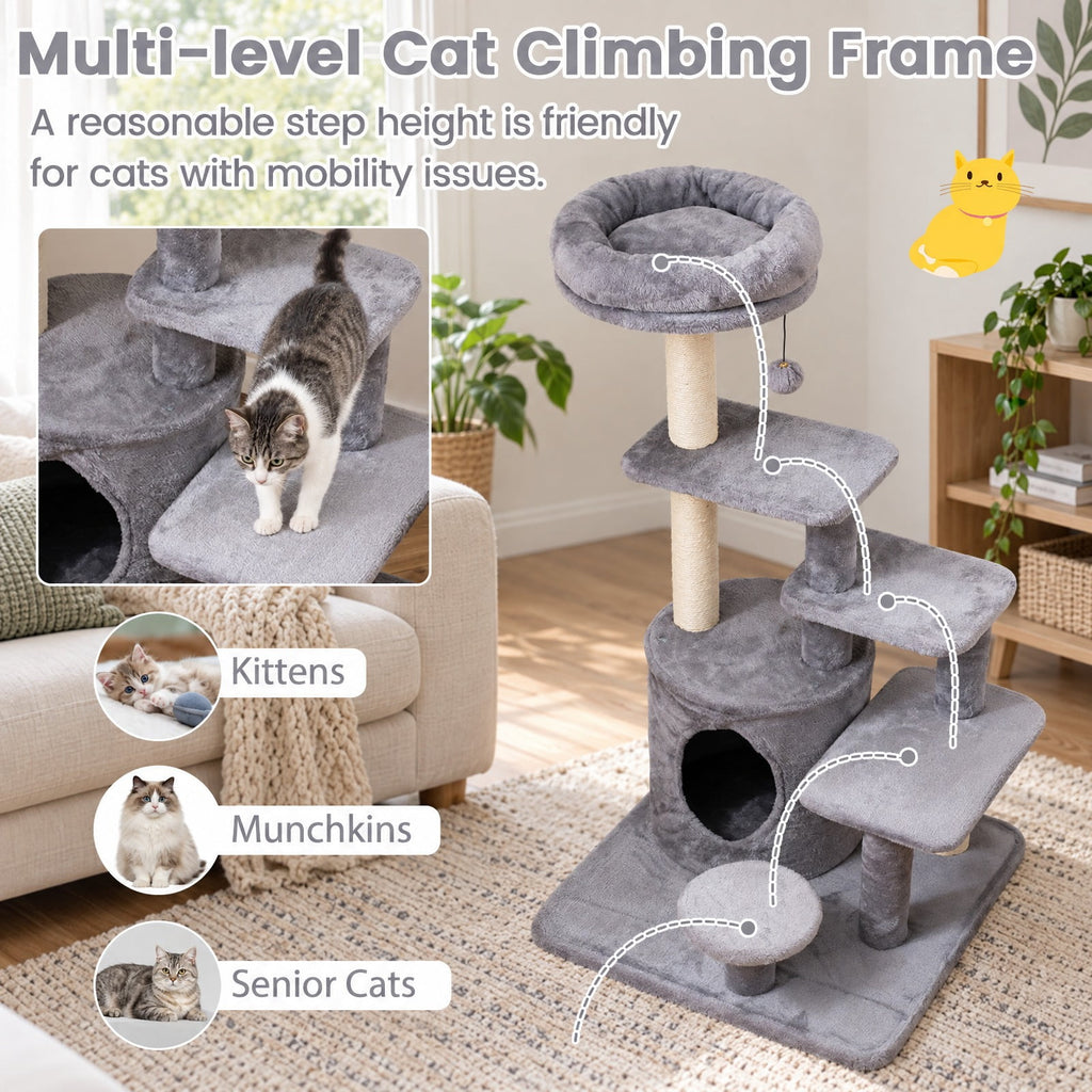 Airfind 40 Inch Multi-level Cat Tower with Condo and Dangling Jingle Ball, 33 lbs Capacity, Engineered Wood Sisal Plush Fabric Frame, Gray