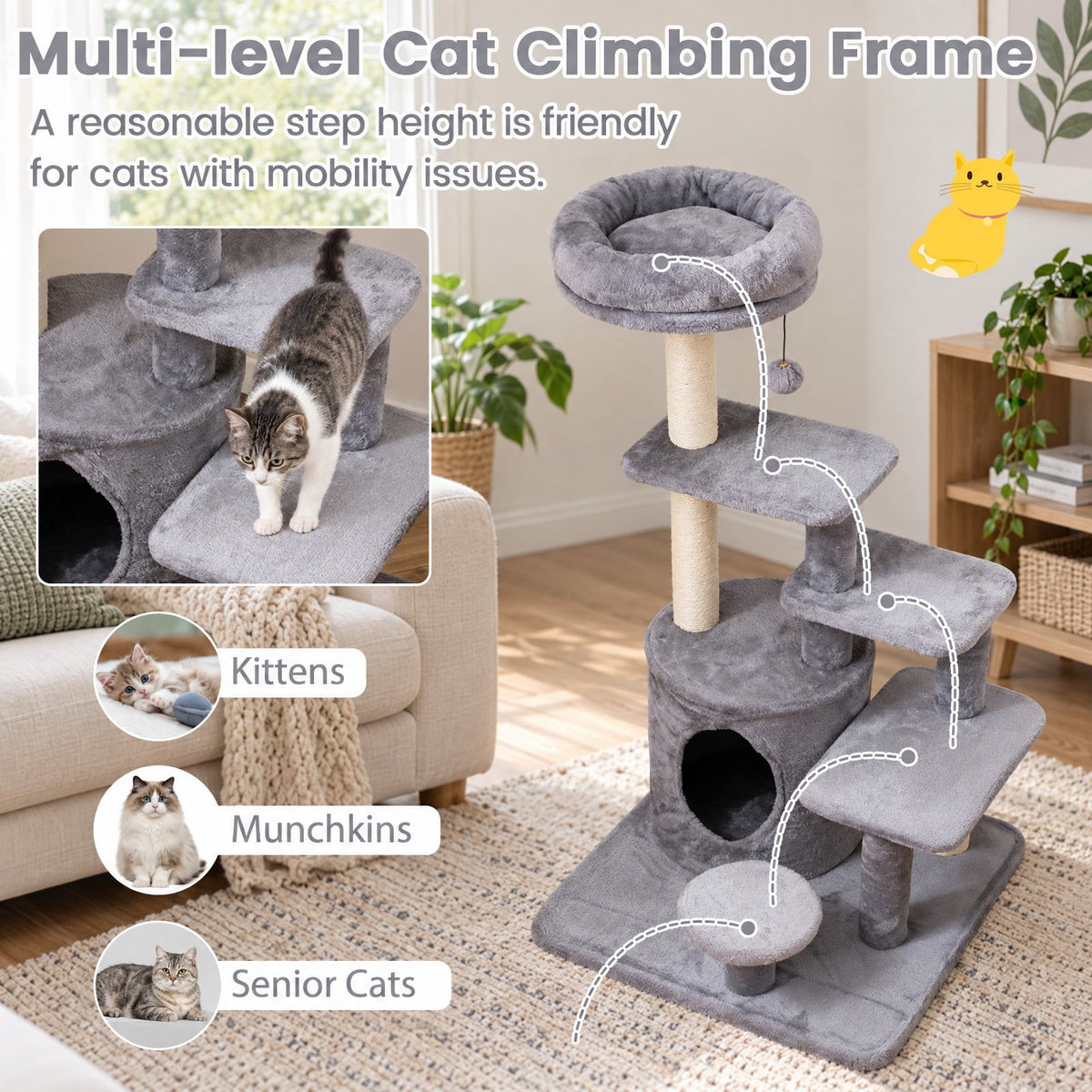 Airfind 40 Inch Multi-level Cat Tower with Condo and Dangling Jingle Ball, 33 lbs Capacity, Engineered Wood Sisal Plush Fabric Frame, Gray