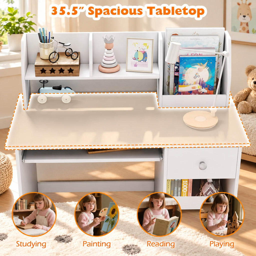 Airfind Kids Study Desk Children Writing Table with Hutch Drawer Shelves and Keyboard Tray, 200 lbs Capacity, Engineered Wood Frame, Grey
