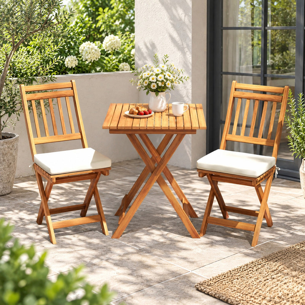 Airfind Outdoor Wood Bistro Set with Soft Seat Cushions and Table, Chair 400 lbs Capacity, Acacia Wood Polyester Sponge Frame, White