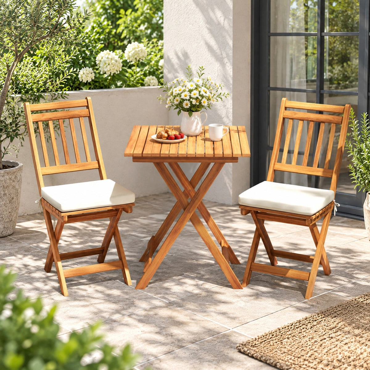 Airfind Outdoor Wood Bistro Set with Soft Seat Cushions and Table, Chair 400 lbs Capacity, Acacia Wood Polyester Sponge Frame, White