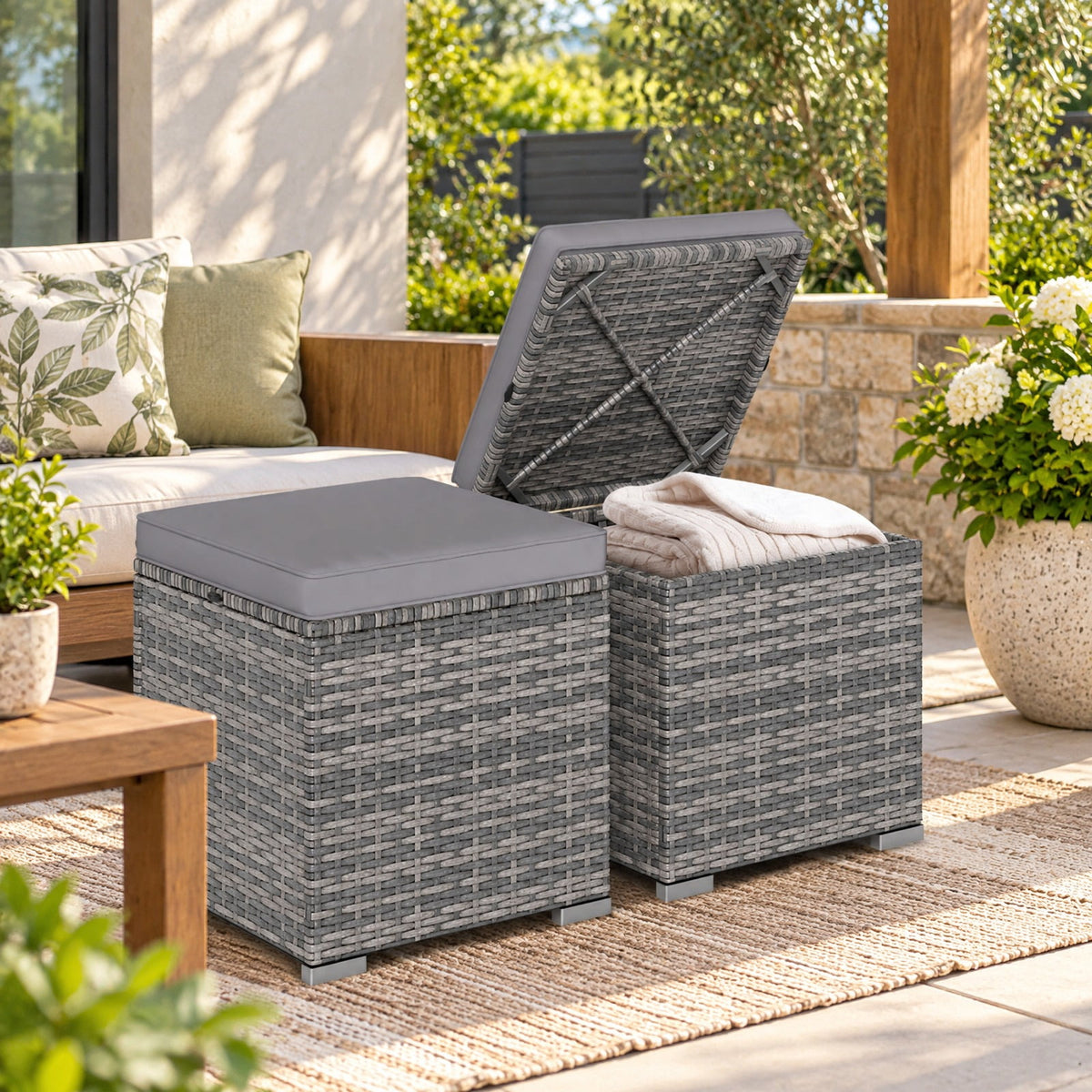 Airfind 2 Pieces Patio Ottoman with Hidden Storage Space-Mix Grey, 350 lbs Capacity, Metal PE Rattan Sponge Polyester Frame, Grey