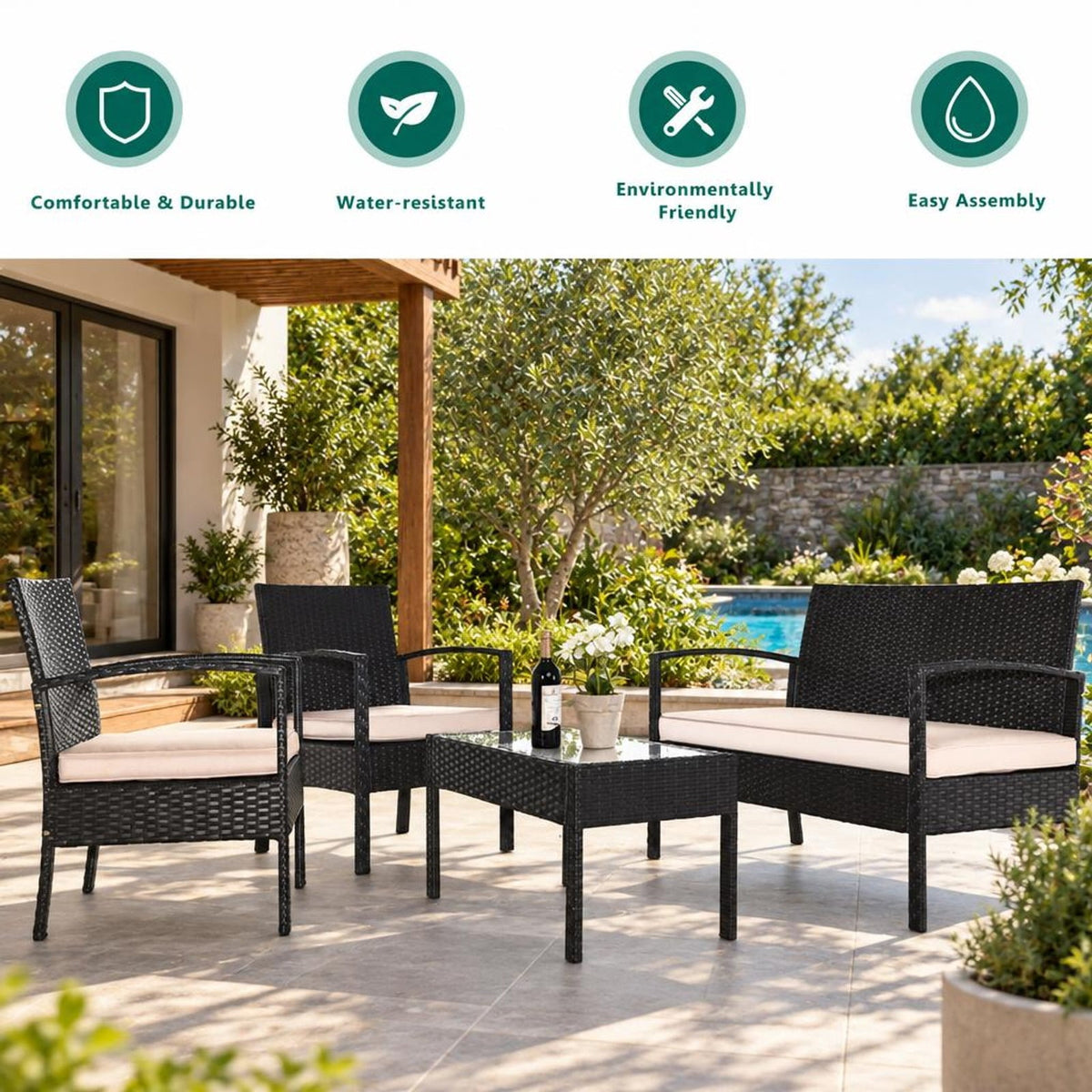 Airfind 4 Pieces Patio Rattan Conversation Set with Loveseat Sofas and Coffee Table, 710 lbs Capacity, PE Rattan Frame, Coffee
