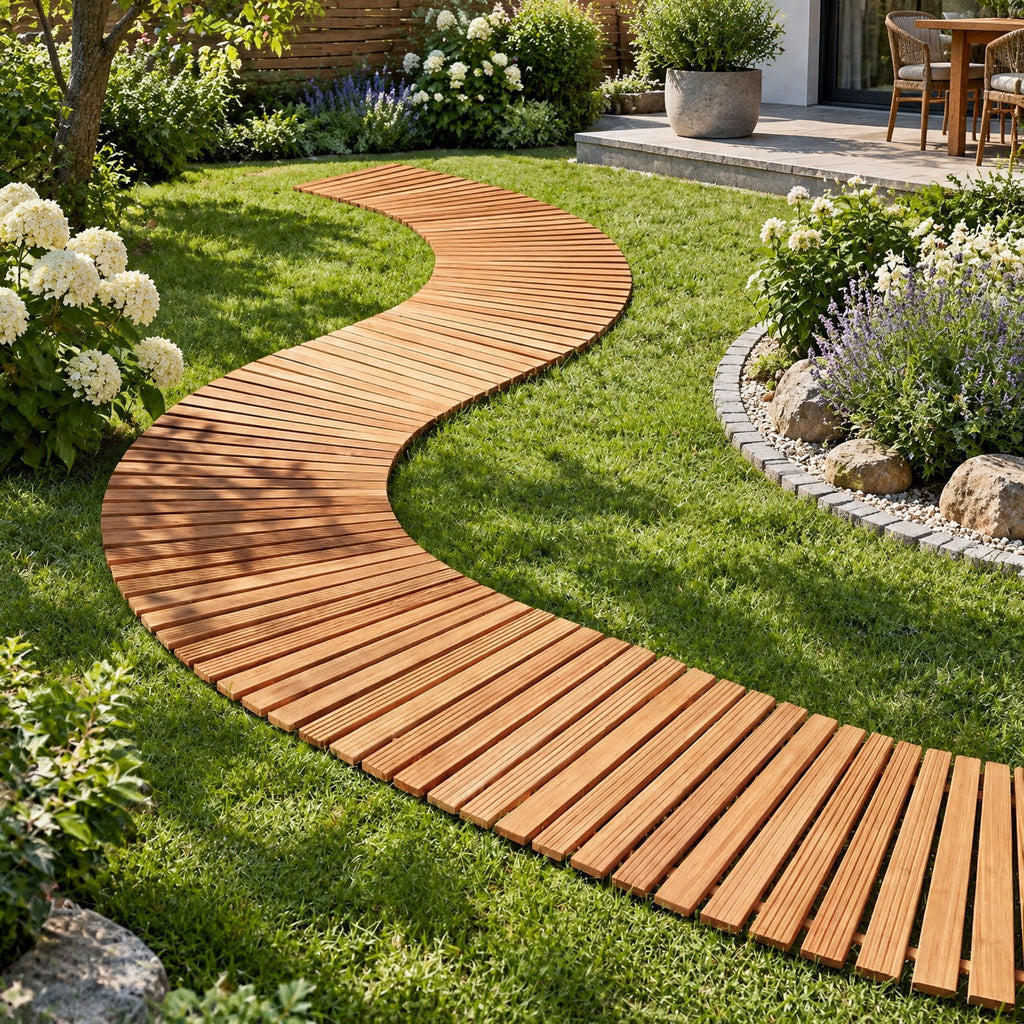 AIRFIND Wooden Garden Pathway with Curved Roll-Up Design, Textured Fir Wood Slats and Connected Wire Supports, 17 in Wide, Natural