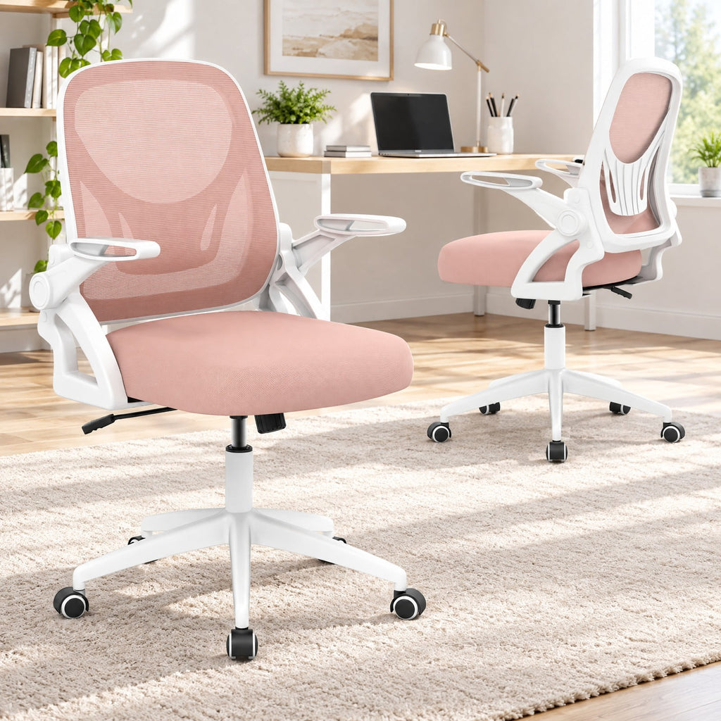 Airfind Ergonomic Computer Desk Chair with Lumbar Support and Flip-up Arms, 330 lbs Capacity, PP Metal Mesh Plywood Sponge Frame, Pink