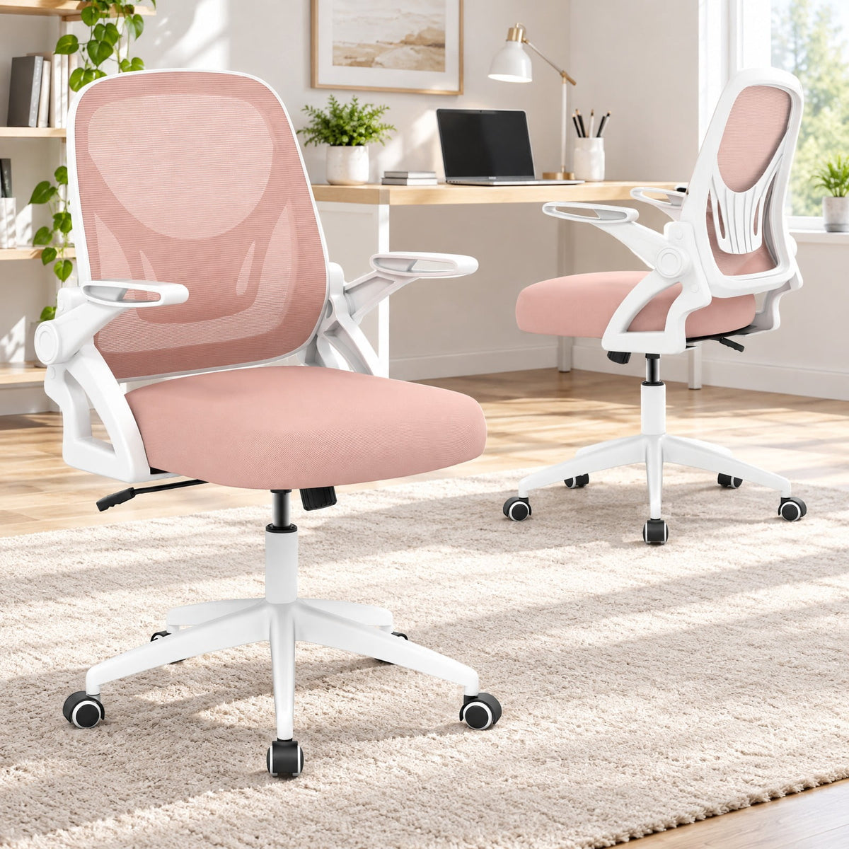 Airfind Ergonomic Computer Desk Chair with Lumbar Support and Flip-up Arms, 330 lbs Capacity, PP Metal Mesh Plywood Sponge Frame, Pink