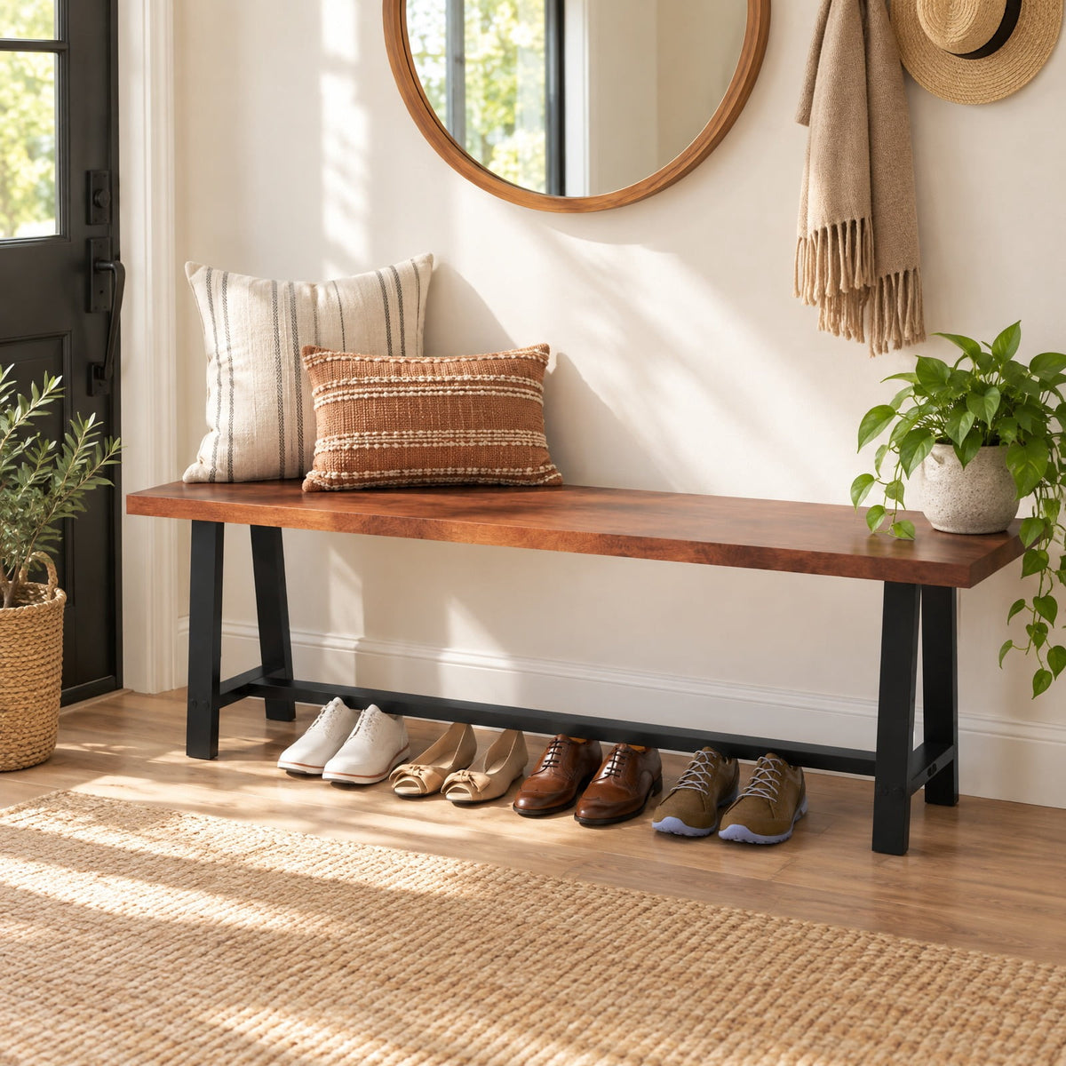 Airfind 60 Inch Dining Bench 3 Person Entryway Shoe Bench with Metal Frame-60 inches, 440 lbs Capacity, MDF Metal Frame, Walnut