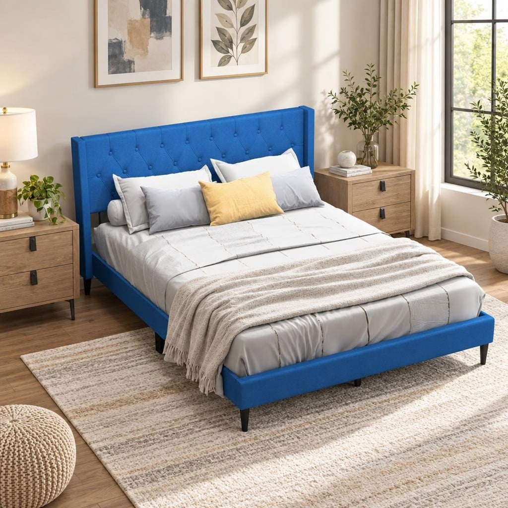 Airfind Queen Size Upholstered Platform Bed with Button Tufted Wingback Headboard, 550 lbs Capacity, Blue