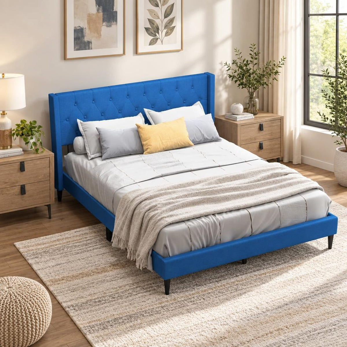 Airfind Queen Size Upholstered Platform Bed with Button Tufted Wingback Headboard, 550 lbs Capacity, Blue