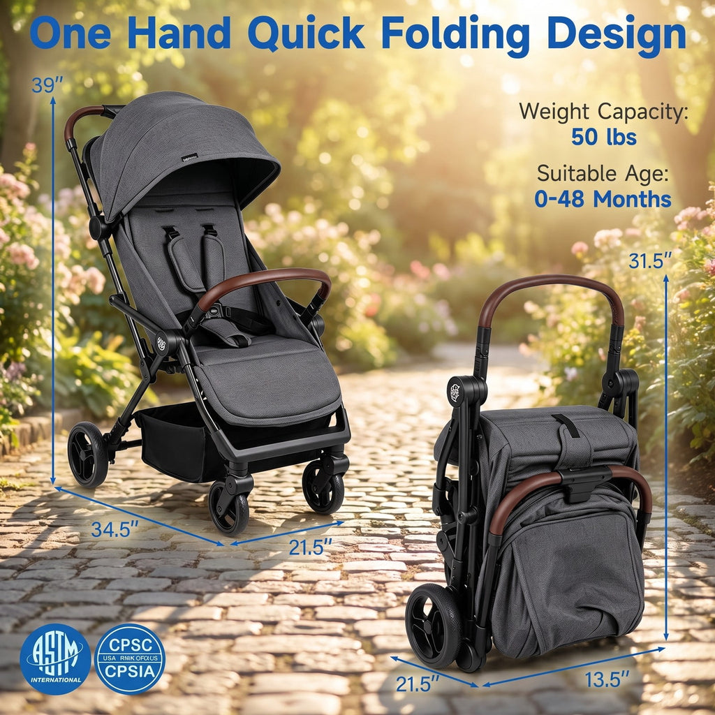 Airfind Lightweight Baby Stroller with One-Hand Folding and Adjustable Canopy for Toddlers, 50 lbs Capacity, Metal Aluminum Fabric Frame, Gray