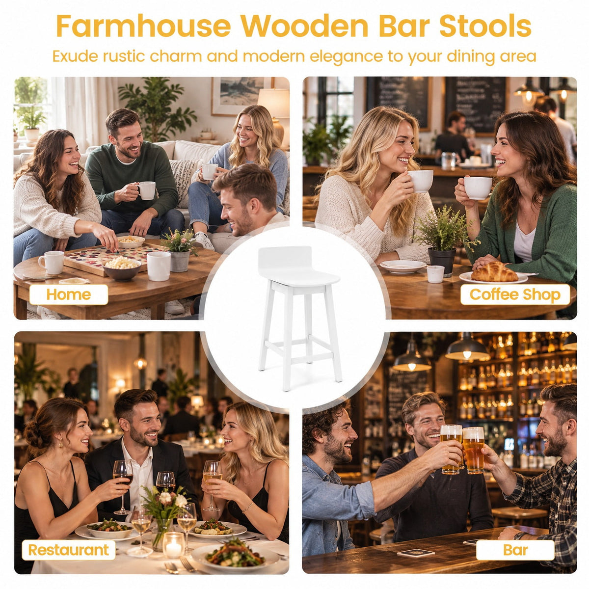Airfind 24.5 Inch Swivel Wooden Bar Stools Set of 2 with Rubber Wood Legs and Low Back, 350 lbs Capacity, Rubber Wood Plywood Frame, White