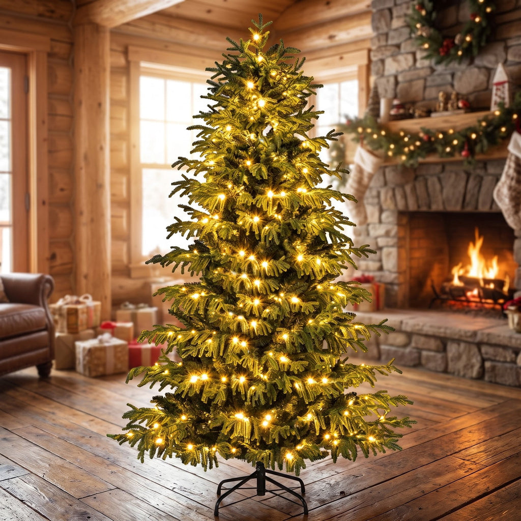 Airfind Artificial Christmas Tree with LED Lights and PVC Mixed Branch Tips-6, TPE PVC Metal Tree Height 6/7/8 ft Tree Width 3.9/4.3/4.7 ft Frame