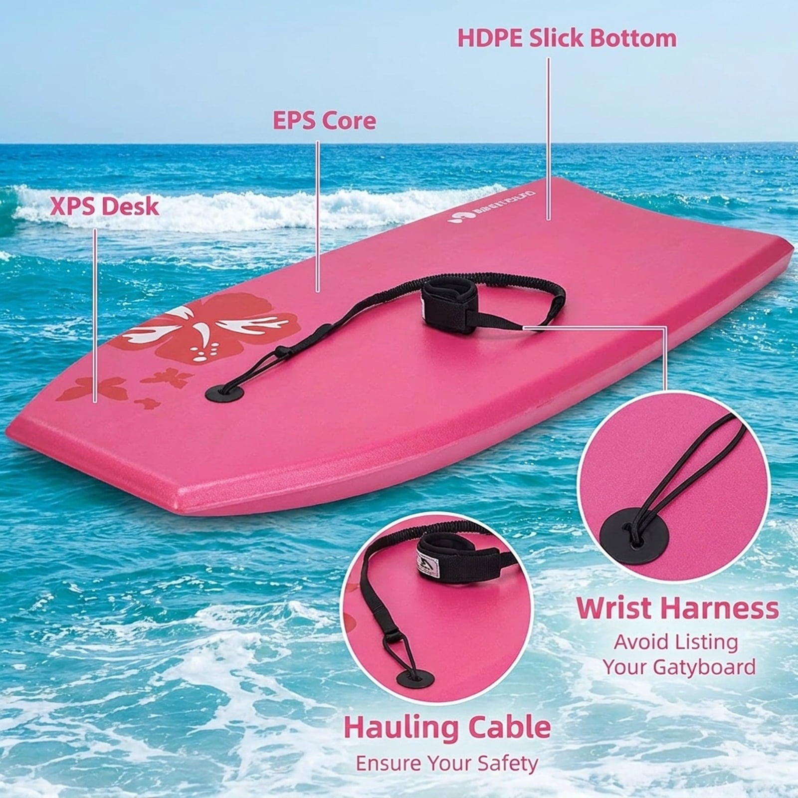 Airfind 33 Inch IXPE Bodyboard for Kids ¡ª Cool-Touch Deck, EPS Core, HDPE Slick Bottom, Crescent Tail, Coiled Wrist Leash Included (Pink)