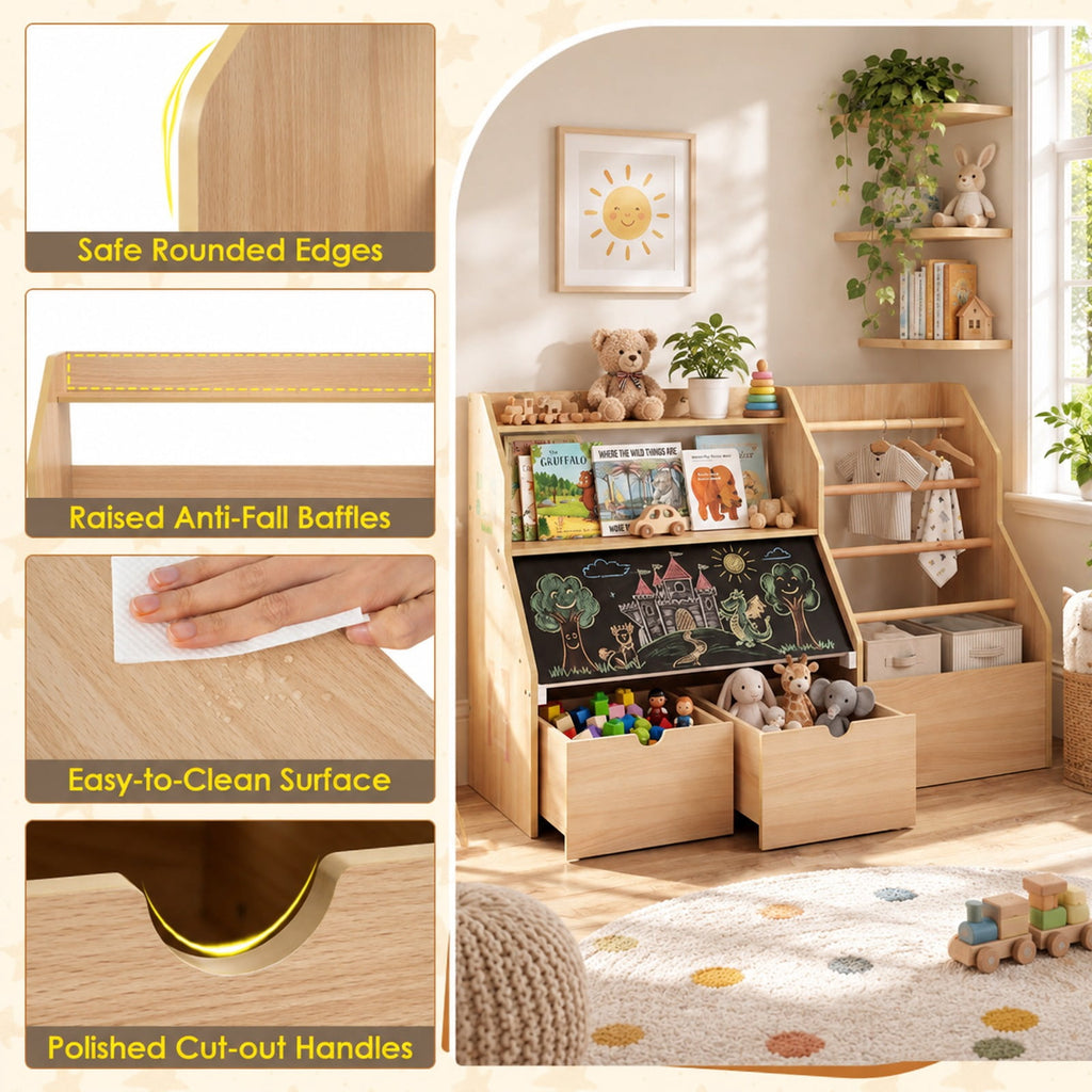 Airfind Kids Toy Storage Organizer with Flip-up Blackboard, Engineered Wood Pine Wood Frame, for 3+ Years Old, 41 Inch x 16 Inch x 28 Inch Footprint, Natural