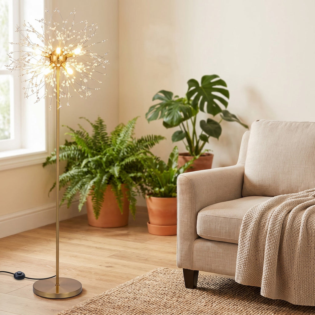 Airfind 63-Inch Crystal Floor Lamp with Acrylic Crystals, Metal Acrylic Stainless Steel Frame, 11in x 63in Cord Length 6.9 ft Footprint, Gold