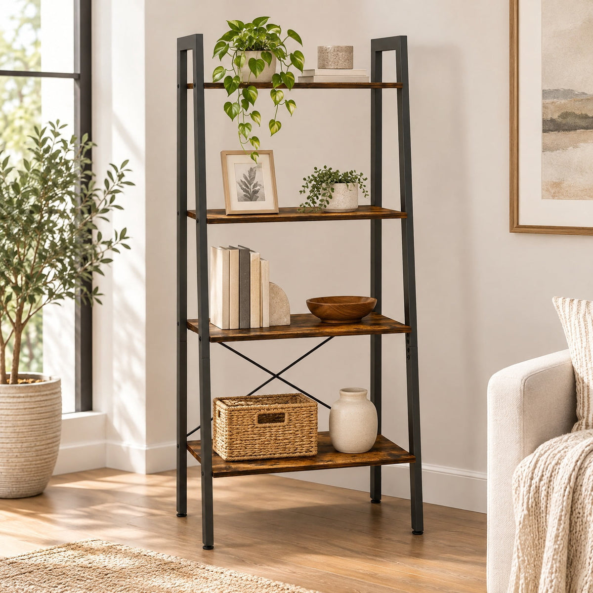 Airfind 4-Tier Bookshelf with Metal Frame and Adjustable Foot Pads, 200 lbs Capacity, Metal Engineered Wood Frame, Grey Oak