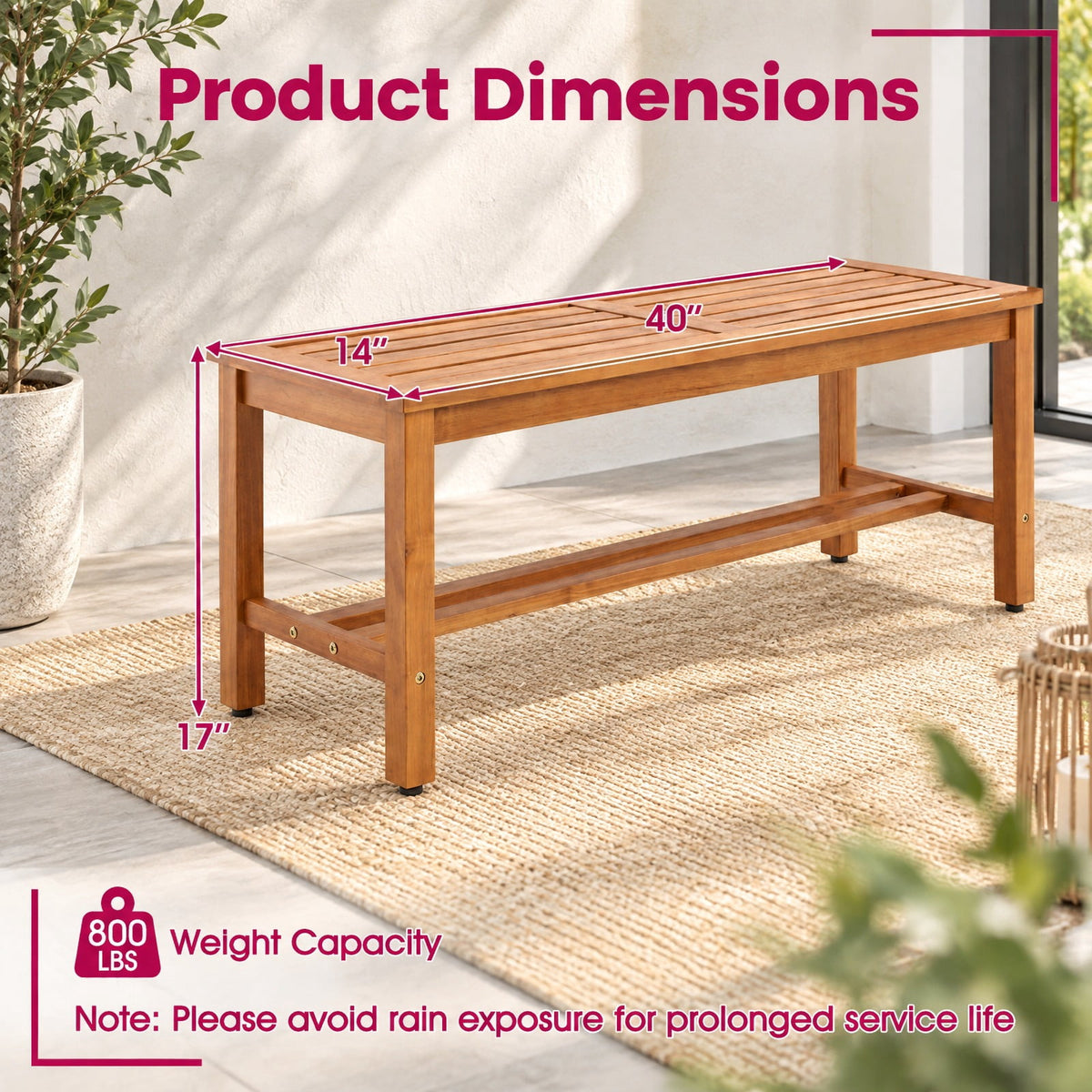 Airfind Outdoor Acacia Wood Patio Bench for 2 with Slatted Seat-1 Piece, 800 lbs Capacity, Acacia Wood Frame, 40 x 14 x 17 Footprint, Wood