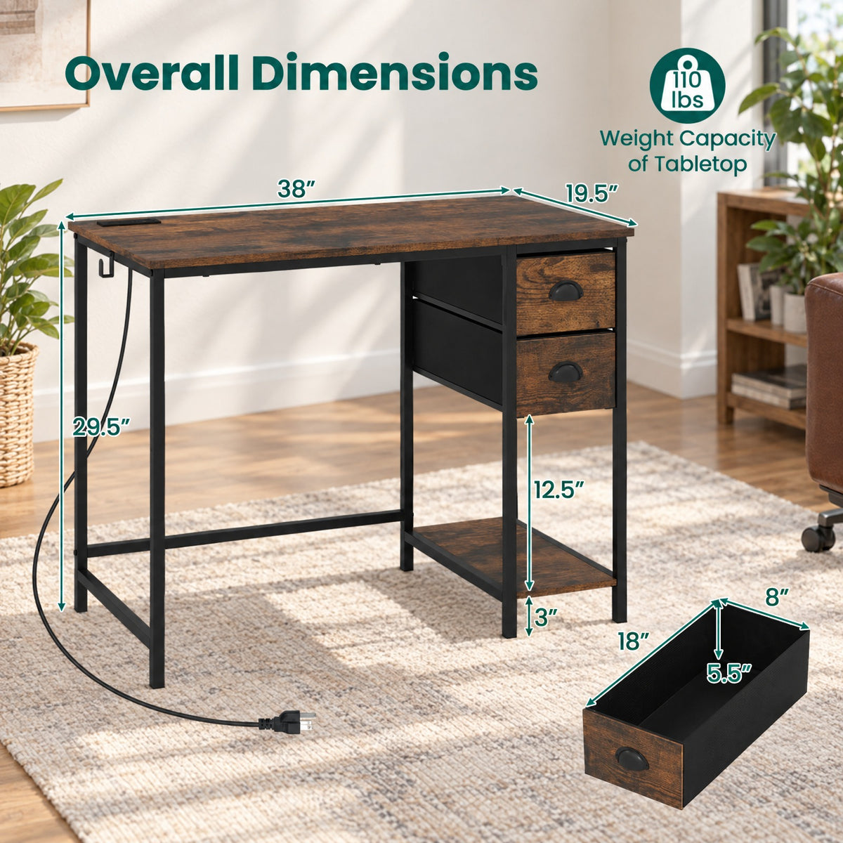 Airfind Computer Desk with Charging Station and 2 Fabric Drawers for Small Spaces, 110 lbs Capacity, Engineered Wood MDF Metal Fabric Frame, Brown