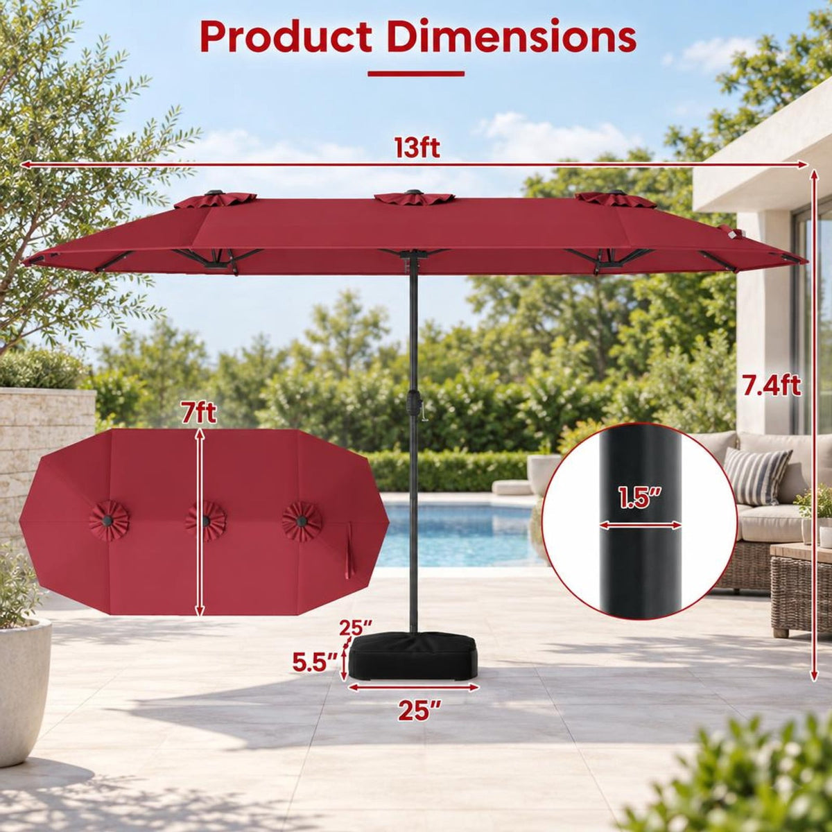 Airfind 13FT Double-sided Patio Umbrella with Solar Lights for Garden Pool Backyard, Metal 180g Yarn Dyed Fabric PA Coating Frame, Wine