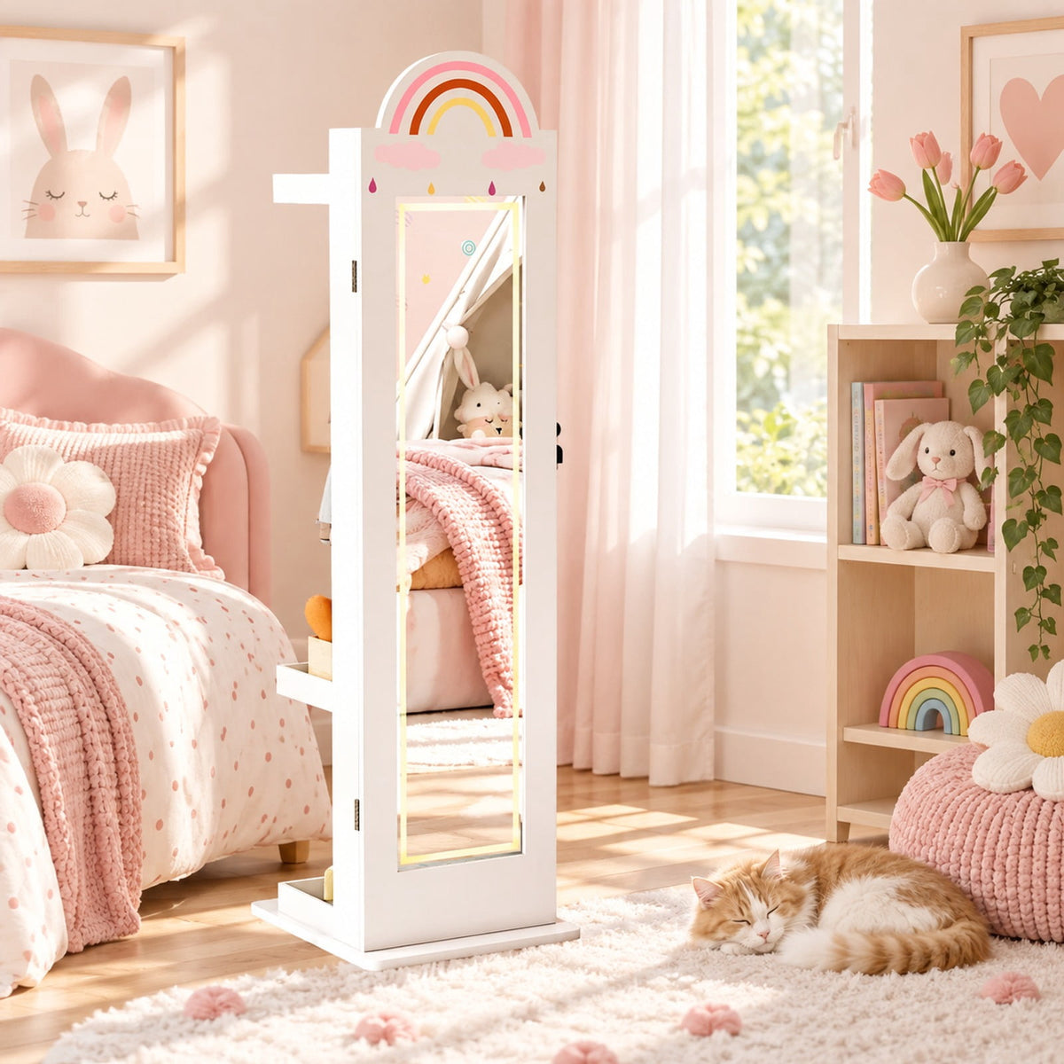 Airfind 3 In 1 Kids Jewelry Cabinet Freestanding Jewelry Armoire with 3-Color Lighted Mirror, MDF Glass Acrylic Frame, White