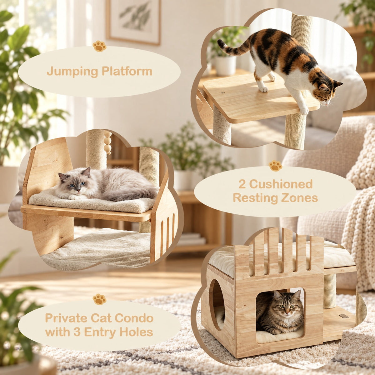 Airfind 48.5in Multi-Level Solid Wood Cat Tree for Indoor Cats with Padded Top Perch Cat Condo and Sisal Scratching Posts, Beige