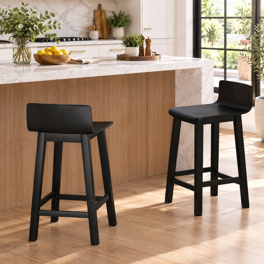 Airfind Wood Bar Stools Set of 2 with Solid Back and Seat, Black, Ergonomically designed backrest fits your body curve, for Everyday Home Use