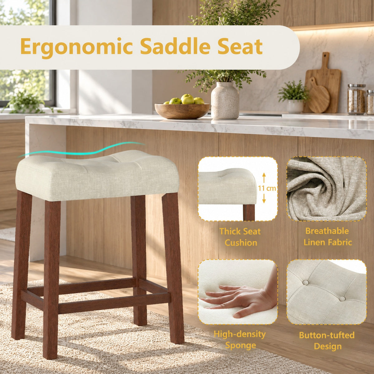 Airfind Set of 2 Upholstered Counter Height Bar Stool with Curved Saddle-Seat, 330 lbs Capacity, Rubber Wood MDF Fabric Sponge Frame, Brown