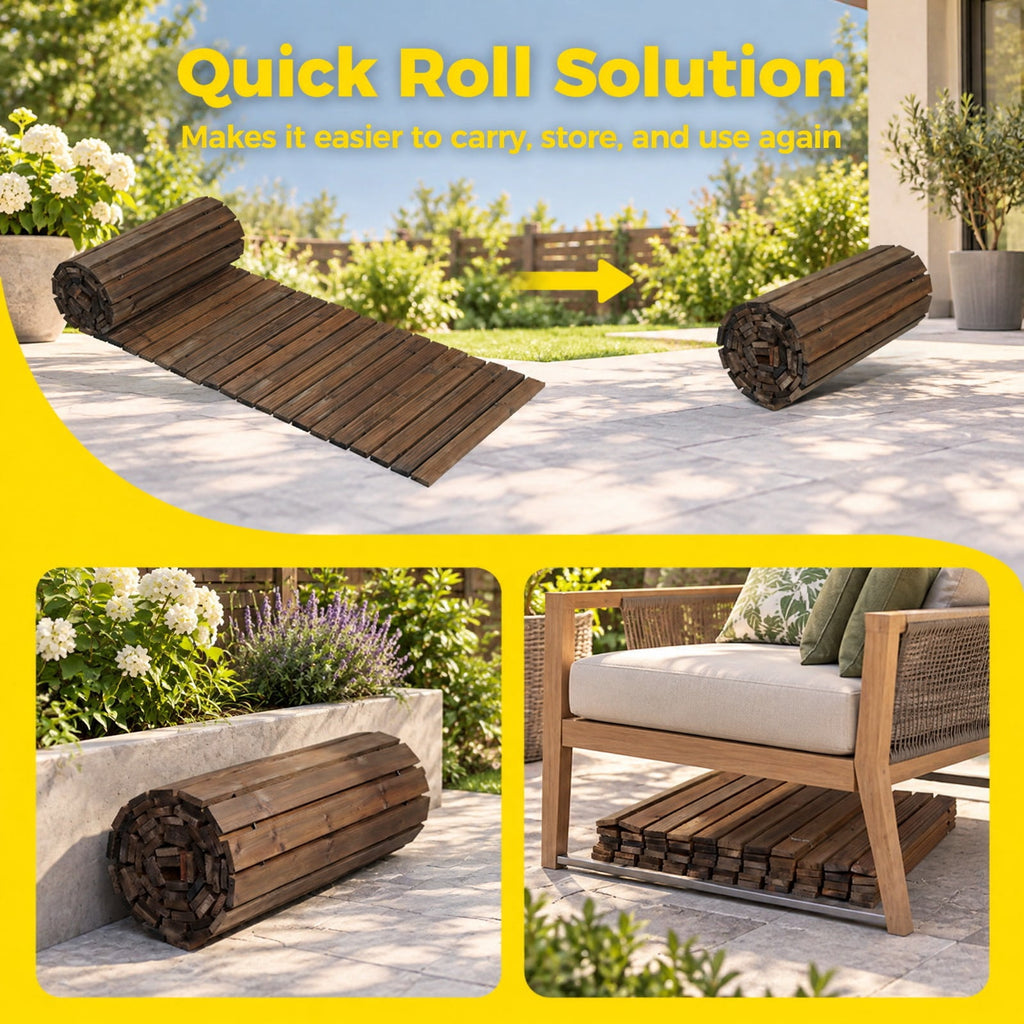 Airfind 12 FT Wood Garden Pathway 22 Inches Wide Outdoor Roll Out Straight Walkway, Cedar Wood Metal Pe, 12 Ft X 22 Inch X 0.6 Inch, Brown