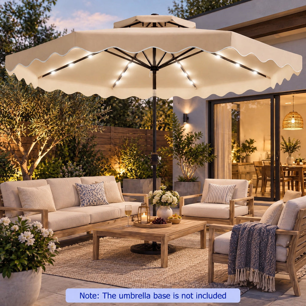 Airfind 9 FT Solar LED Patio Umbrella Push-Button Tilt and Crank 24 LED Lights and 8 Ribs, Polyester Fabric Metal Frame, 9 x 8.2 ft Footprint, Beige