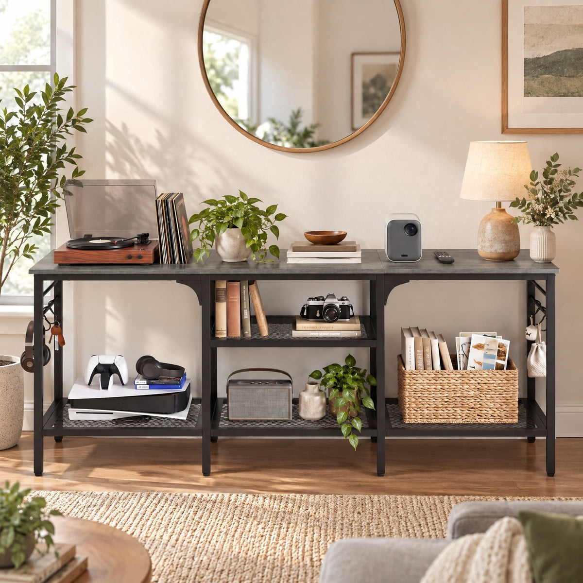 Airfind TV Stand, for TVs up to 65 Inch with 3-Tier Open Shelves and 4 Hooks, 685 lbs Capacity, Engineered Wood Metal Frame, Oak
