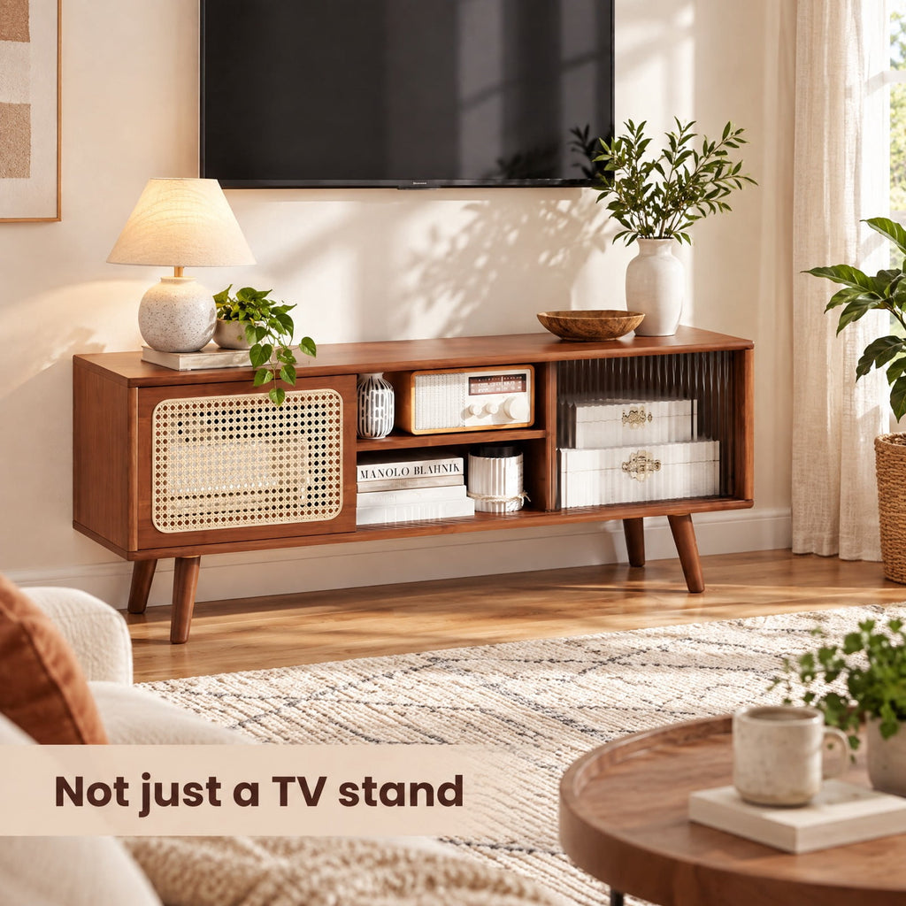 Airfind Modern TV Stand with Rattan Glass Sliding Doors, Bamboo Rubber Wood Rattan Tempered Glass Frame, 47.5 x 12 x 18 Footprint, Brown