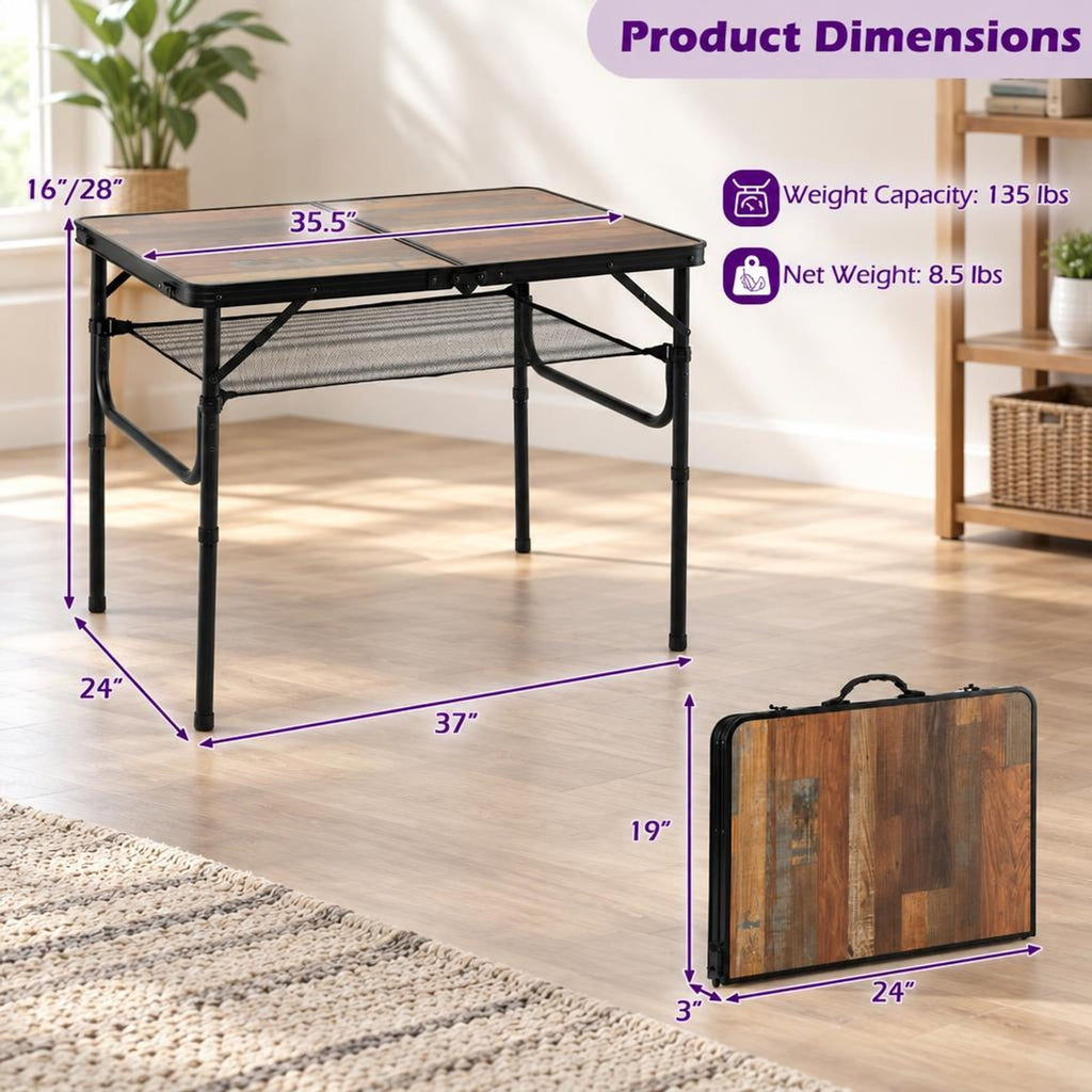 Airfind Folding Camping Table with Adjustable Heights Storage Net and Handle-Black and Brown, 135 lbs Capacity, 37 Inch x 24 Inch x 16 Inch Footprint, Black