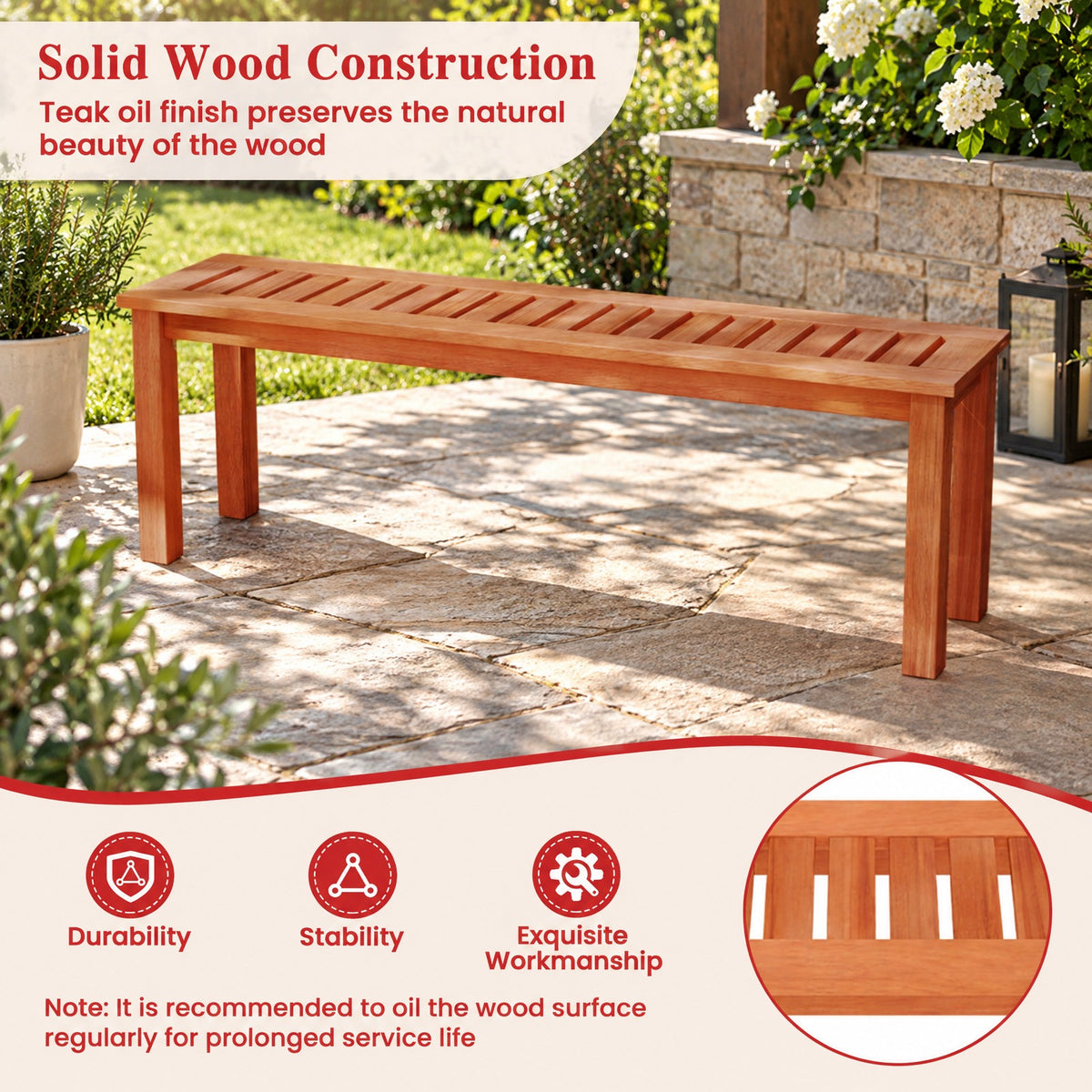 Airfind 47 Inch Patio Wood Bench with Slatted Seat 2, 705 lbs Capacity, Solid Wood Frame, 47 Inch x 12 Inch x 16 Inch Footprint, Wood