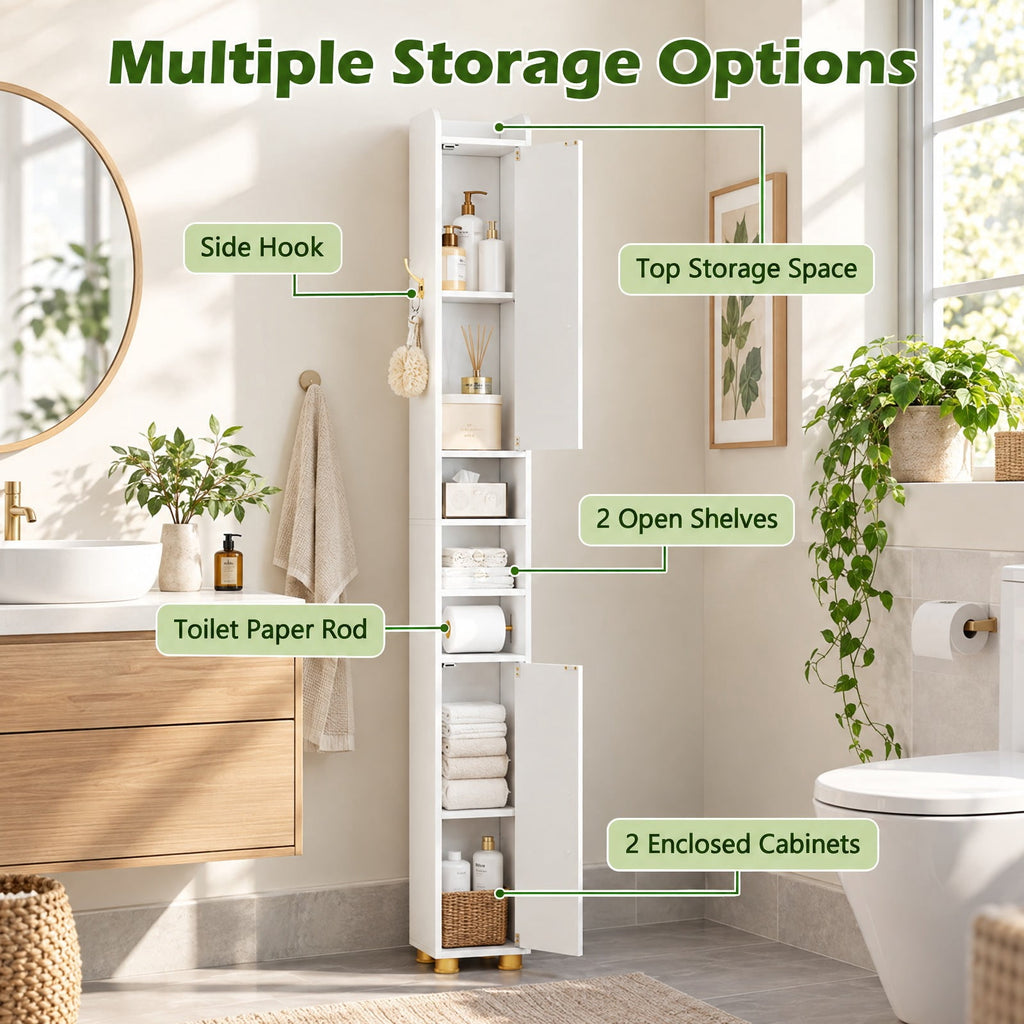 Airfind Narrow Bathroom Storage Cabinet featuring Open Shelves and Toilet Paper Holder, 11 lbs Capacity, Engineered Wood Metal Plastic Frame, White