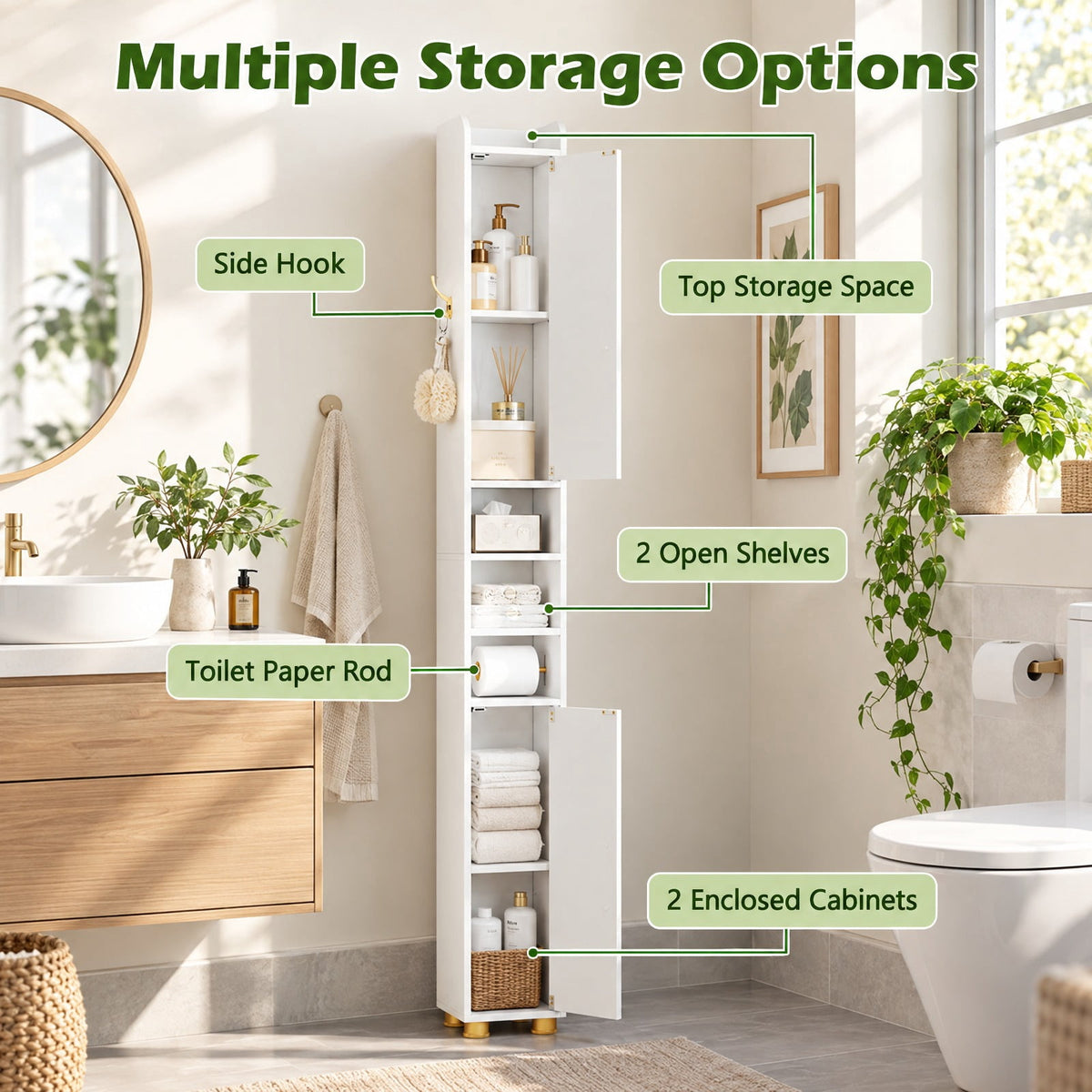 Airfind Narrow Bathroom Storage Cabinet featuring Open Shelves and Toilet Paper Holder, 11 lbs Capacity, Engineered Wood Metal Plastic Frame, White