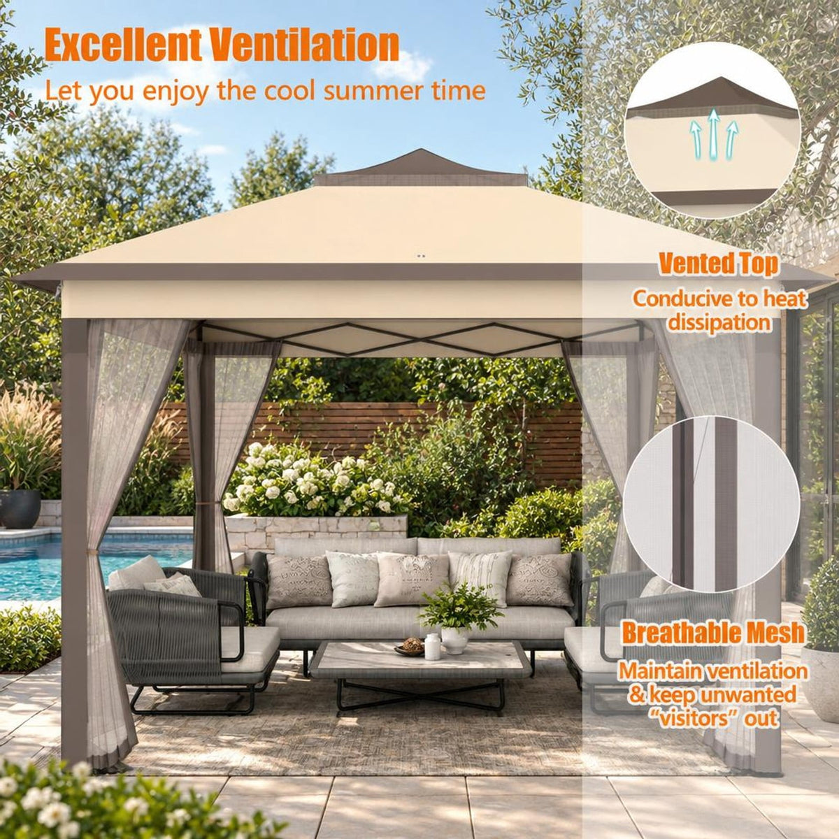 Airfind 2-Tier Pop-Up Gazebo Tent Portable Canopy Shelter Carry Bag Mesh, Polyester fabric steel pipe Frame, Brown