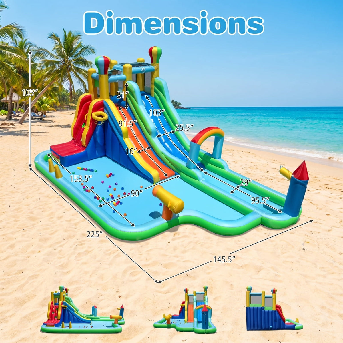 Airfind Giant Inflatable Water Slide Park with Double Long Slides, Climbing Wall, Basketball Hoop, 50 Ocean Balls, 225x145x105in for Kids 3-12